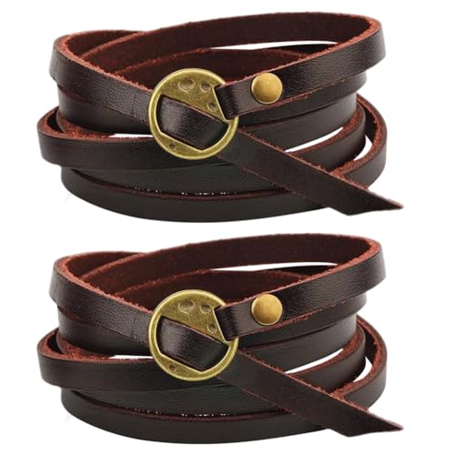 CALFOVERA 2PCS Genuine Leather Cuff Bracelets Adjustable Cowhide Leather Boho Layered Arm Armor Cuff Vintage Western Dark Brown Stackable Straps Wristbands Wrist Wrap with Toggle Clasp for Men Women