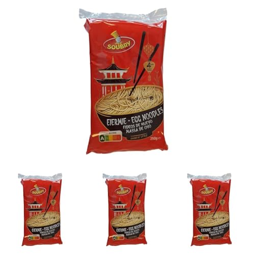 SOUBRY - Fideo Instantáneo con Huevo 250 g, Fideos Orientales Finos y Largos Listos en 4 Minutos (Paquete de 4)