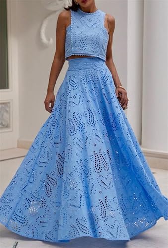 Women's 2 PCS Lace Holes Tank Tops Bodycon Skirts Sexy Nightclub Party Dress Outfits Set2