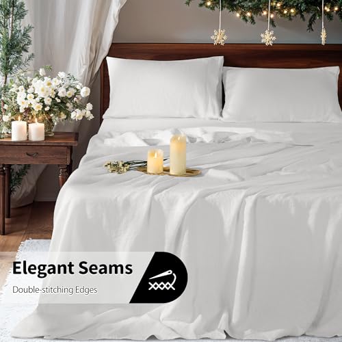 Image of 100% Pure Linen Sheet Set Breathable Natural Linen Sheets 4pcs Fitted Sheet Up to 16 inch Moisture-Wicking Bright White