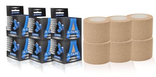 Image of A-Tape Breathable Self Adhesive Cohesive Bandage Wrap - Athletic Non-Woven for Sports, Medical Use, Injuries, Knee & Wrist Support - Suitable for Humans & Pets (Beige, 5cm Pack Of 6)