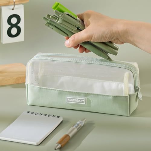 Image of ANGOOBABY Mesh Pencil Bag Clear pencil case Zipper Pouch Bags Multifunctional Pencil Holder for Students, Small Makeup Bag Suitable for Teen Girls & Boys（Green）