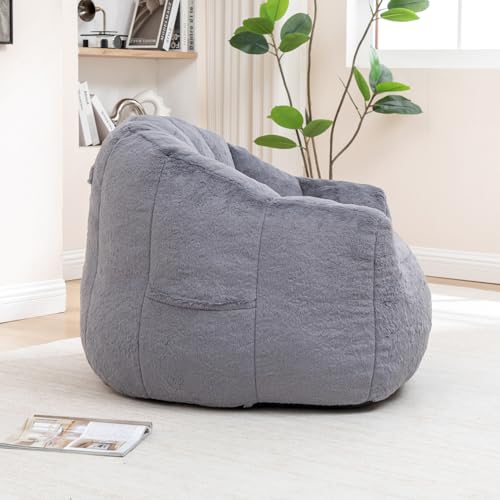 Image of Bean Bag Chair with Arms for Adults - Furry Lazy Sofa, Armrests Stuffed High-Density Foam Filler Chair, Small Cozy Reading in Bedroom Living Room and Dorms (Grey)