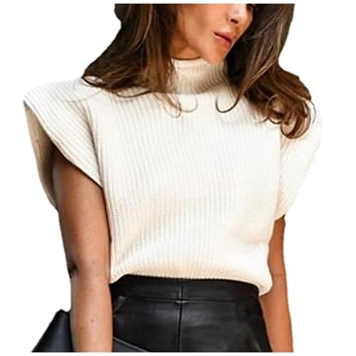 Soft Fabric Breathable Stretchy Turtleneck Knitted Sleeveless Crop Top Fall Winter Fashion White Small
