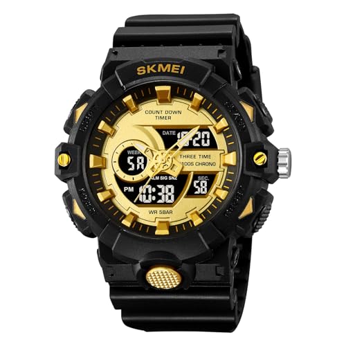 SKMEI Sport Wrist Watches for Men Analog-Digital Display Black-Gold Dial ABS::TPU Men's TPU Black Color Stylish Band Water-Resistant & Scratch-Resistant-2225