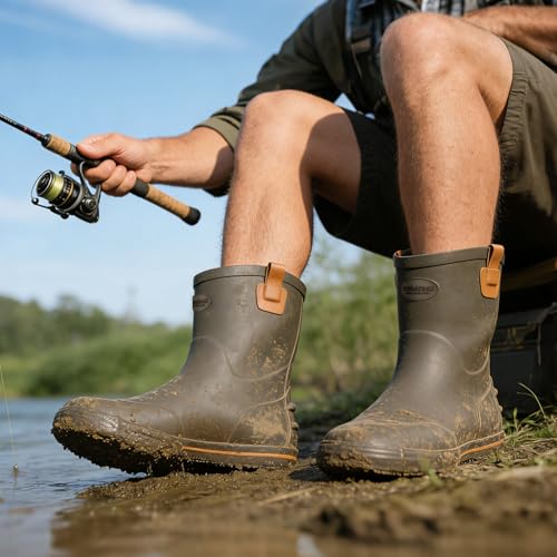 Image of Men's Mid-Calf Waterproof Rain Boots, Wide Calf & Slip-Resistant Rubber Work Boots for Unisex, Garden, Farm, Fishing Shoes All-Weather