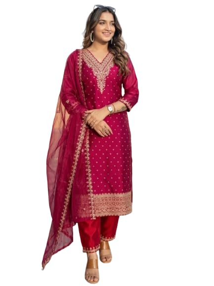 Image of VredeVogel Women's Chanderi Silk Embroidered Kurta with Pant & Organza Dupatta Set | Casual Outfit Ethnic Kurta Set for Women | Modern & Traditional Blend Ethnic Wear
