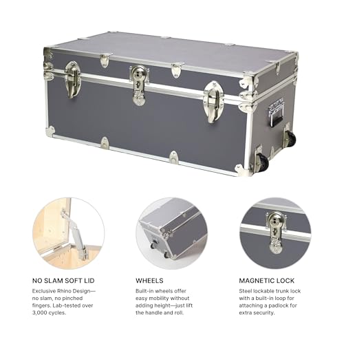 Image of Rhino Trunk & Case Large Essential Trunk With Wheels 32 inchx18 inchx14 inch, 1000+ lbs Capacity - Many Colors. Strong, USA Made Summer Camp Footlocker, and Secure College Dorm Storage Chest