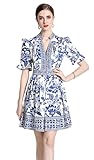 LAI MENG FIVE CATS Women's Button Up Short Puff Sleeve V-Neck Floral Print Split Casual Mini Dress