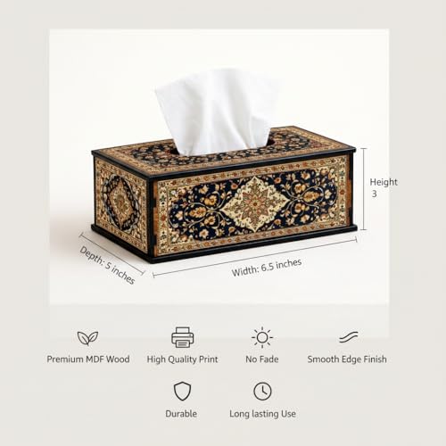Image of Luxury Navy Gold Floral Printed Tissue Box Holder Designer Wooden Tissue Box Cover for Home, Office & Dining 6.5x5x3 Inch
