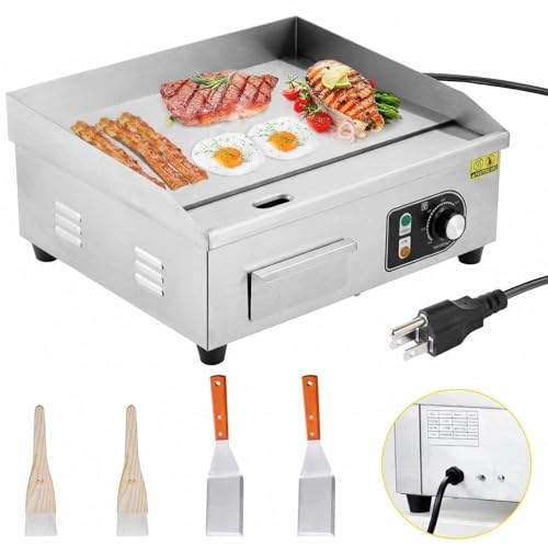 18' 1500W Stainless Steel Electric Griddle, Commercial Countertop Flat Top Grill with Adjustable 122–572°f Thermostat, Includes 2 Spatulas & Cleaning Brushes, Plug-in Grill for Indoor/Outdoor Cooking