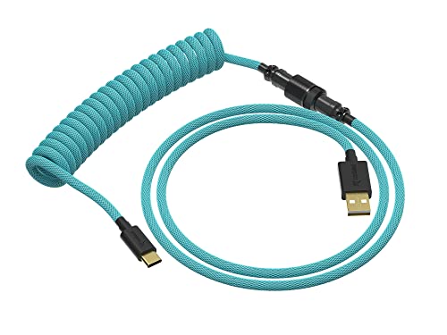 Image of Ranked Coiled Keyboard Cable | Handcrafted Double-Sleeved Braided Cable | USB Type C to A | 5-Pin Aviator Connector for Custom Mechanical Gaming Keyboard | Support Fast Charge 20W (Blue Malibu)