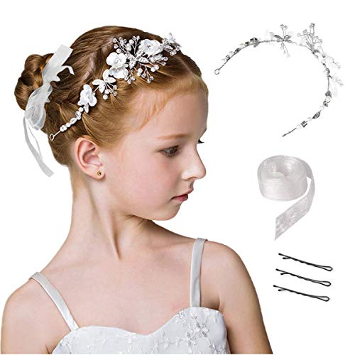 VIKSAUN Haarschmuck Prinzessin Weiße Blume Kopfschmuck Perlenhaar Kleid Kristall Braut Hochzeit Haarschmuck Blumenbraut-Haarschmuck für Frauen und Mädchen (White)