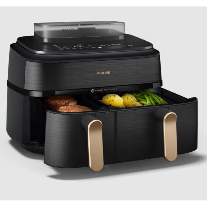 Philips Steam Airfryer 5000 Series Dual Basket - Airfryer & Vaporera 9L, RapidAir Plus, 19 funciones de cocción, 90% menos de grasa, 2 cestas, limpieza al vapor, gris oscuro/cobre (NA552/00)