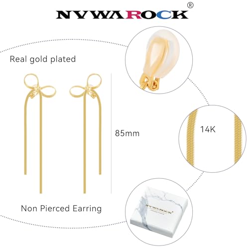 Cilp-on Bow Earrings Non Pierced Ribbon Bow Dangle Drop Tassel Statement Earring for Women Dangling Long chain Earrings（Gold and Silver）2