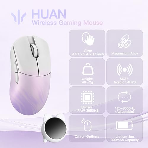 Image of WLMOUSE Huan 48g Ultra-Lightweight Magnesium Alloy Gaming Mouse,8K Voice & Display Receiver, Dual 8K Wireless /Wired, PAW3950HS Sensor, RGB Wheel Lighting, Nordic 54H20 (White&Purple(OM Switch))