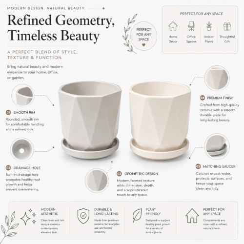 Image of Xtore Refined Geometric Ceramic Planter Set of 2 with Saucers for Home & Office Decor | Faceted Indoor Flower Pots for Succulents, Herbs, Cacti, Living Room, Bedroom (Off-White, Light Grey)