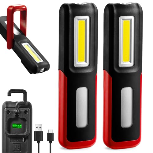 SHINROW 2 PCS Rechargeable LED Flashlight Magnetic Light, Portable Work Light Trouble Lights Lamp for Mechanics, Compact Reliable and Super Bright Flash Light for Tool Gifts for Men(Red)