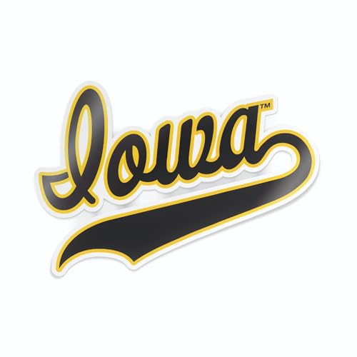 Image of Nudge Printing University of Iowa Vintage Script Iowa Black and Gold Weatherproof Vinyl Sticker Car Decal from