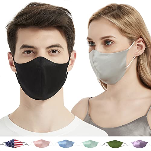 Spring of 2047 2pcs Reusable face cover 100% natural silk face mask for adult (Black/Silver grey)