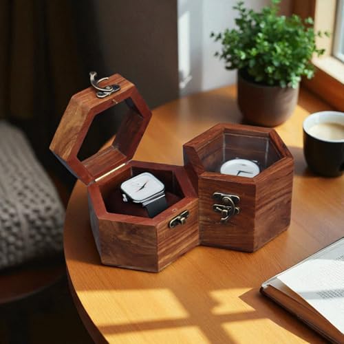 Image of Vintage Wooden Watch Box for Men, Timepiece Display Case, Honeycomb Watch Storage & Organizer, Jewlery Box for Women, Anniversary Gift For Husband (2 Compartments)