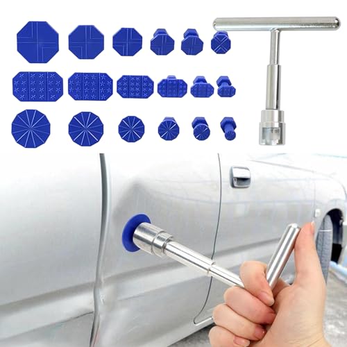 Image of 19 PCS Car Dent Repair Tool, Short T-Handle Puller + Eighteen Specifications of Dent Suction Cup Puller, Detachable Portable Multifunctional Universal for Car Repair Accessory (Blue & Silver)