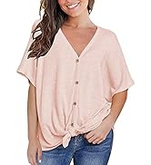 MIHOLL Womens Loose Blouse Short Sleeve V Neck Button Down T Shirts Tie Front Knot Casual Tops