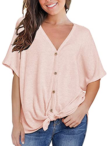 MIHOLL Womens Loose Blouse Short Sleeve V Neck Button Down T Shirts Tie Front Knot Casual Tops
