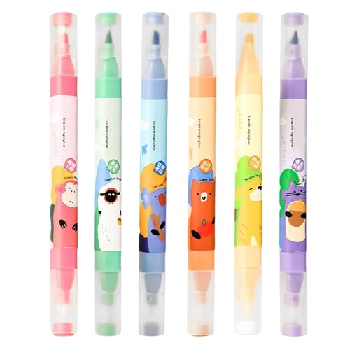Resaltador borrable | 6 colores de doble cabeza con patrón de animales, juegos de marcadores de arte para niños, para estudiantes, adultos, diario, dibujo, estudio, notas, escuela, oficina