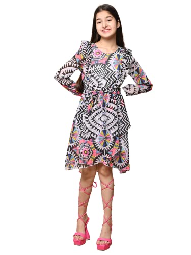 Image of LILPICKS Girls Aztec Printed Full Sleeve Fit n Flare Dress (Multi)