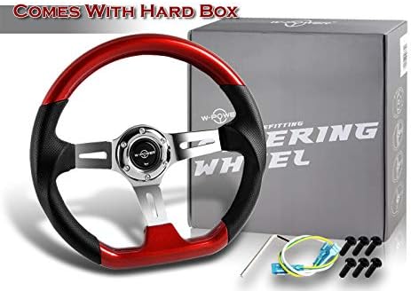 Miniatura 5 de W-Power, 13.5 pulgadas universal de 13.504 in con agujero de 6 pernos, color rojo perla con volante de agarre de cuero negro pulido de aluminio,