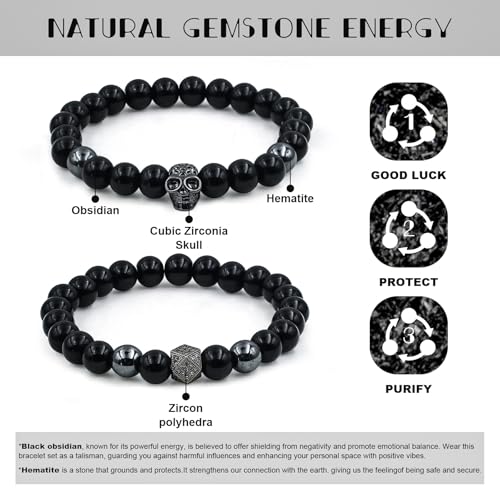 Pulsera artesanal de obsidiana negra con diseño de calavera miniatura 3