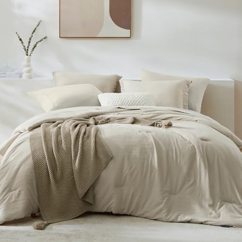 WRENSONGE Light Oatmeal Queen Comforter Set, 7 Pieces Soft Microfiber Comforters Queen Size with...