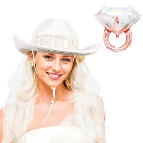 JIANGLAI Bride Cowgirl Hat with Veil and Diamond Ring Balloon, 2 Pieces White Cowboy Hat for Women Bachelorette Party Bride to Be Accessories Country Wedding, Bridal Shower
