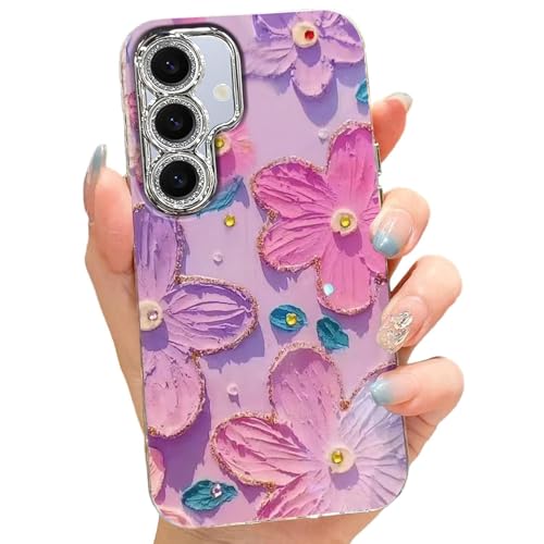 Image of VONZEE Compatible with Samsung Galaxy S24 5G Case, Laser Flower Oil Painting Design, Cute Blue Bumper, Full Camera Protection, Shockproof PC+TPU Glossy Shiny Protective Cover for Women & Girls, Purple