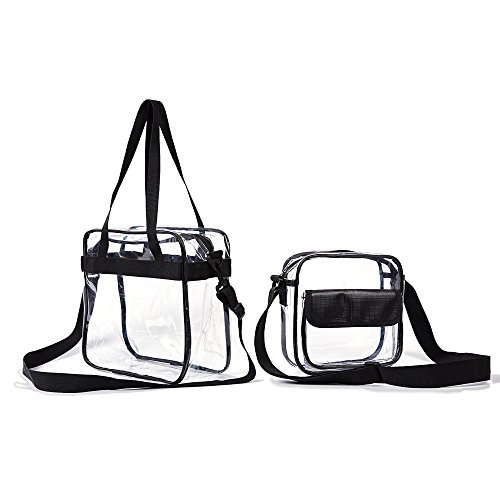 Clear Cross Body Messenger Tote Shoulder Zippered Bag (8x8x3)+ See Through Tote w Adjustable Strap(12x2x6) NFL & PGA & NHL Stadium Approved Vinyl Purse, Travel and Gym Clear Tote Bag (2BAGS)
