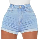 Yyibsones Women's Casual Stretchy Denim Shorts High Waisted Folded Hem Jeans Shorts (Small, Light Blue)