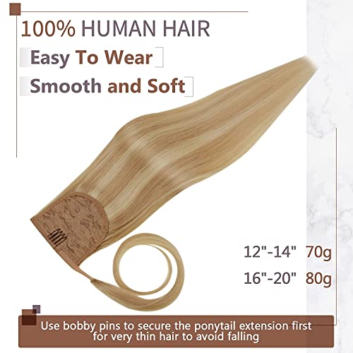 RUNATURE Pony tail Extension Human Hair 12 Inch Blonde Highlights Ponytail Extension Human Hair Straight Real Hair Ponytail Extension Short 70g #16P24 - Image 3