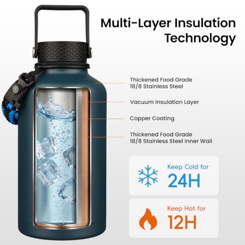 Image of Konokyo Insulated Water Bottle with Straw,50 oz 3 Lids Water Jug with Carrying Bag,Paracord Handle,Double Wall Vacuum Stainless Steel Metal Flask,Navy Blue