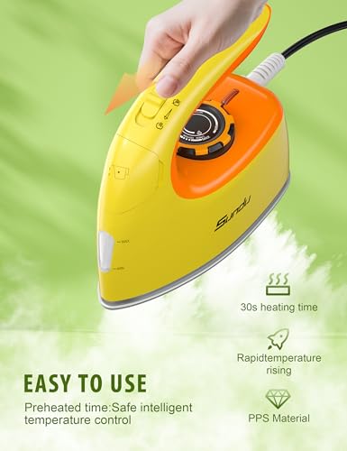 Image of Sundu 1000W Mini Travel Steam Iron, Portable Small Iron for Quilting & Sewing, Non-Stick Soleplate, 300 Steam Holes, 90ml Tank, Safety Base & Digital Temperature Control-Yellow