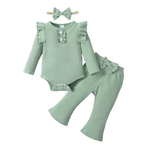 Image of YWFSHOP Baby Girl Clothes Ruffle Long Sleeve Romper and Flare Pants Set 3 Piece Girls Fall Winter Outfits
