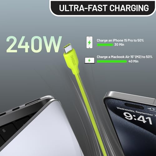 Image of 140W USB C Charger Block with Silicone USB C Charging Cable (6FT /Lime Green), 4-Port GaN Portable Laptop Charger Power Adapter for MacBook, Dell XPS, iPad Pro, iPhone 17 /16 /15, Galaxy S25 /S24, Earbuds