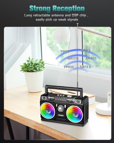 Image of PRUNUS J-750 AM FM SW Radio Portable with Bluetooth Speaker, USB TF Card Playing, Solar /USB-C Rechargeable, Double Speaker, Colorful Light, Transistor, Portable AM FM, Bluetooth