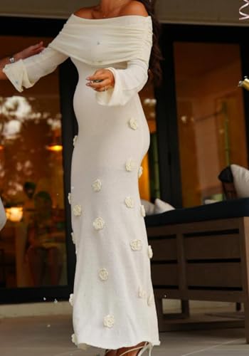 Unybwonn Women Sexy Off Shoulder Crochet Maxi Dress Bodycon Stretchy Mesh Knit Dress Long Sleeve Tube Top Elegant Dresses3