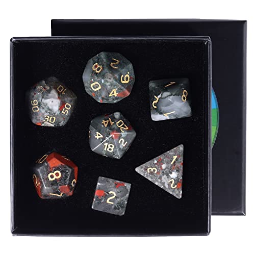 rockcloud Africa Bloodstone DND Polyhedral Dice Set of 7, Healing Crystal Stone Hand-Made Dices with Dice Box for RPG MTG Table Games Home Office Decor
