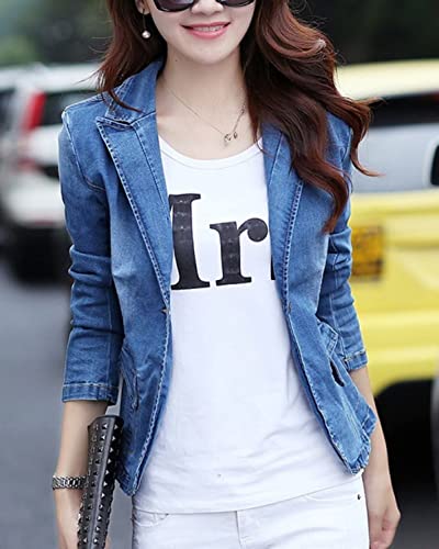 Women Short Denim Blazer Jacket Casual One Button V Neck Formal Work Blazer Jacket Suit Coat3
