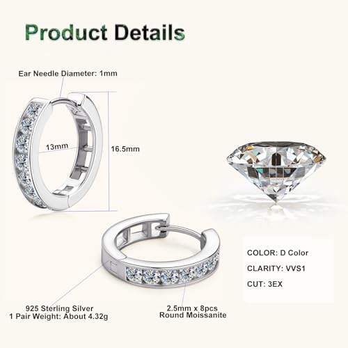 Moissanite Hoop Earrings Channel Setting Round D Color VVS1 Clarity 925 Sterling Silver Hinged Huggie Durable Hoop Earring Gifts for Women and Men3
