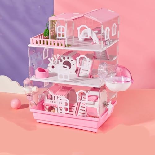 ハムスターケージ 透明 可愛い 贅沢セット 回し車 給水ボトル バスルーム 大型 飼育 餌入れ ハウス付き お掃除しやすい 広い 通気性 組立式 エコなアクリル製 ハムスター用 透明 磁気設計 多層 (ピンクA,3層)