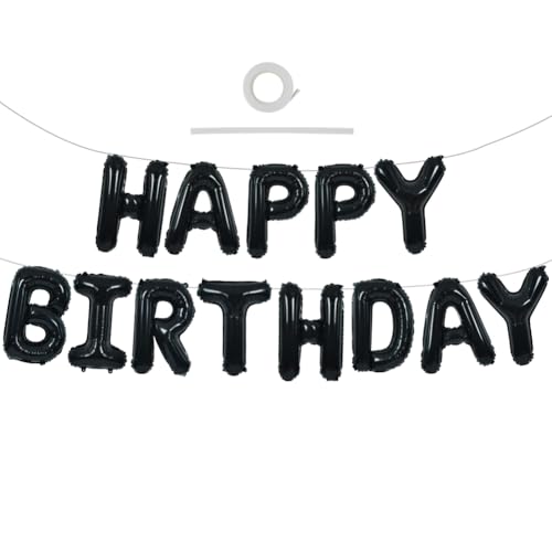 TONIFUL Black Happy Birthday Balloons Banner 16 Inch Mylar Foil Letters Birthday Sign Banner Bunting Reusable for 30th 40th 50th 60th Adults and Halloween Supplies