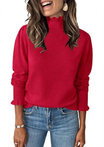 Image of Womens Ruffle Mock Neck Sweater Puff Long Sleeve Fall Trendy Pullover Tops | Fall Winter Clothes, Soft, Business Casual Outfits, Trendy Fashion, Knitted Shirts